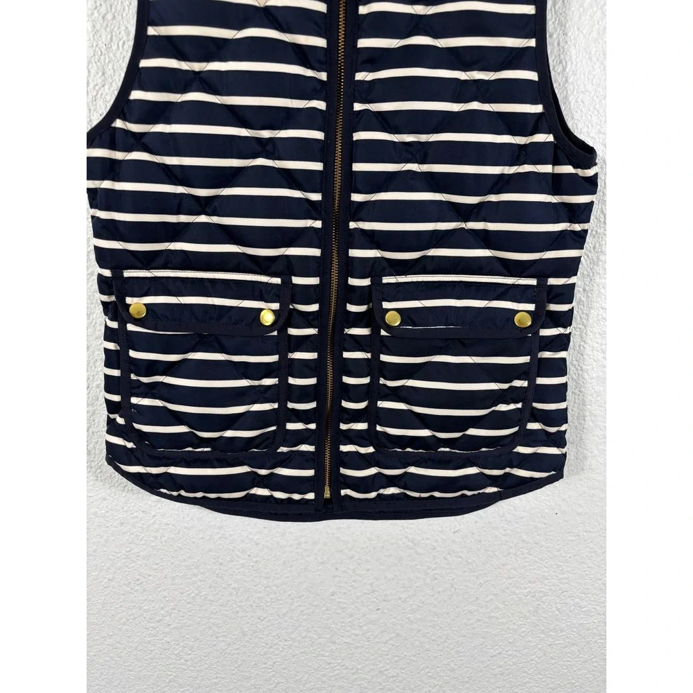 J Crew Quilted Puffer Vest Navy Blue Beige Stripe XS Sleeveless Full Zip Pockets
